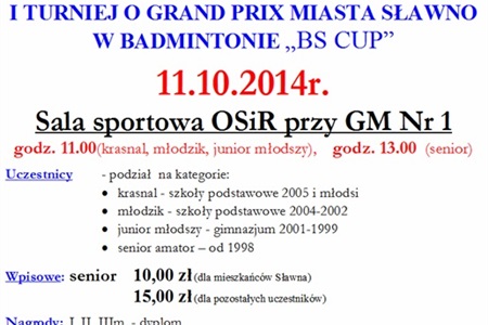I Turniej o Grand Prix Miasta Sławno w Badmintonie „BS CUP”