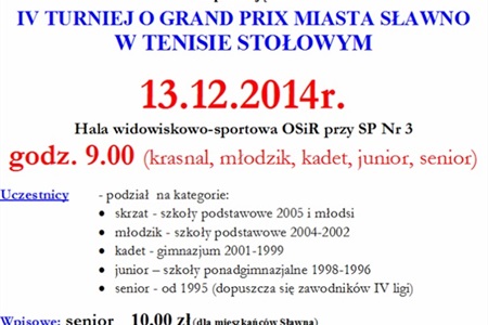 IV Turniej o Grand Prix Miasta Sławno w Tenisie Stołowym