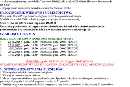 Turnieje o Grand Prix Miasta Sławno w Badmintonie "BS CUP" 2025.2026
